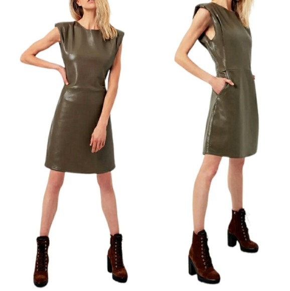 AS BY DF Port Elizabeth Recycled Leather Strong Shoulder Dress Olive Sz Medium - Picture 1 of 6